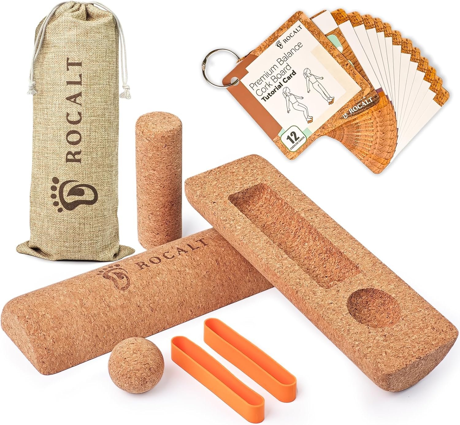 Rocalt Cork Balance Board, Premium Cork 4-in-1 Foot & Ankle Strengthener Kit, Balance Trainer with Massage Roller & Ball, Toe Resistance Bands, Storage Bag & Exercise Guide for Enhance Mobility, Improve Foot Function, Prevent Falls