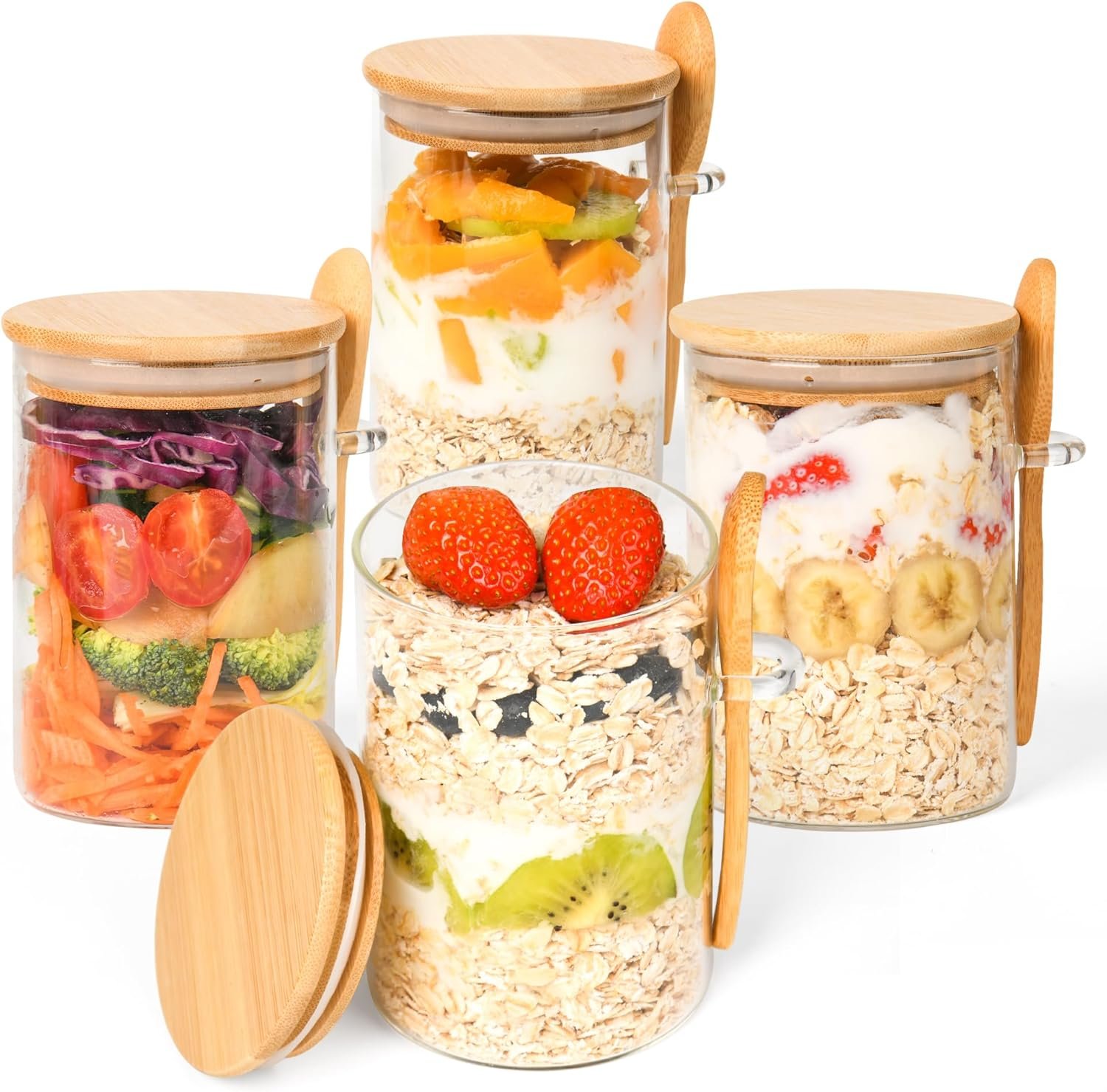 Overnight Oats Containers with Lids,4 Pack 18oz Overnight Oats Jars with Spoons,Salad Meal Prep Jar with Bamboo Lids for Chia Seed Pudding Salad Cereal Coffee Flour,Sourdough Starter Jar for Bread