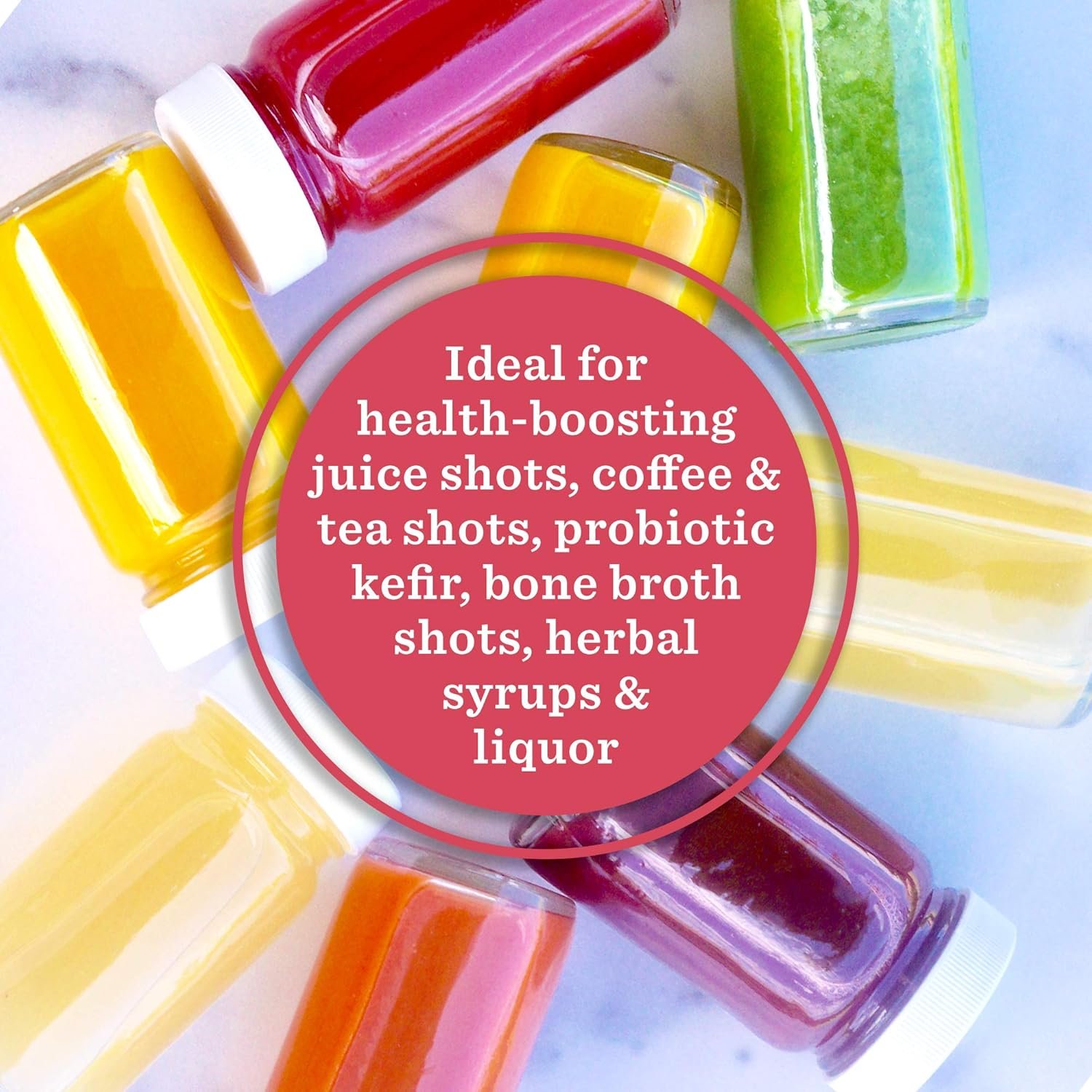 Juice Shot Bottles Set – Wide Mouth for Juicing, Beverage Storage, Liquids, 2 oz, Clear Small Glass Bottles with White Caps, Reusable, Leak Proof, Jars (16 pack)