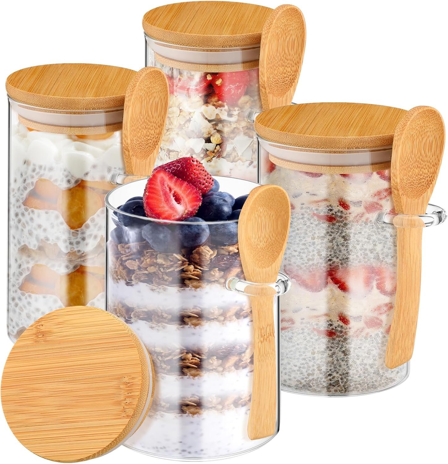 Pickmesh 4 Pcs Overnight Oats Containers with Lids Overnight Oats Jars Oatmeal Cups Square Glass Meal Prep Container with Bamboo Lids and Spoons Glass Jar for Pudding Yogurt (Round Style,16oz, 10oz)