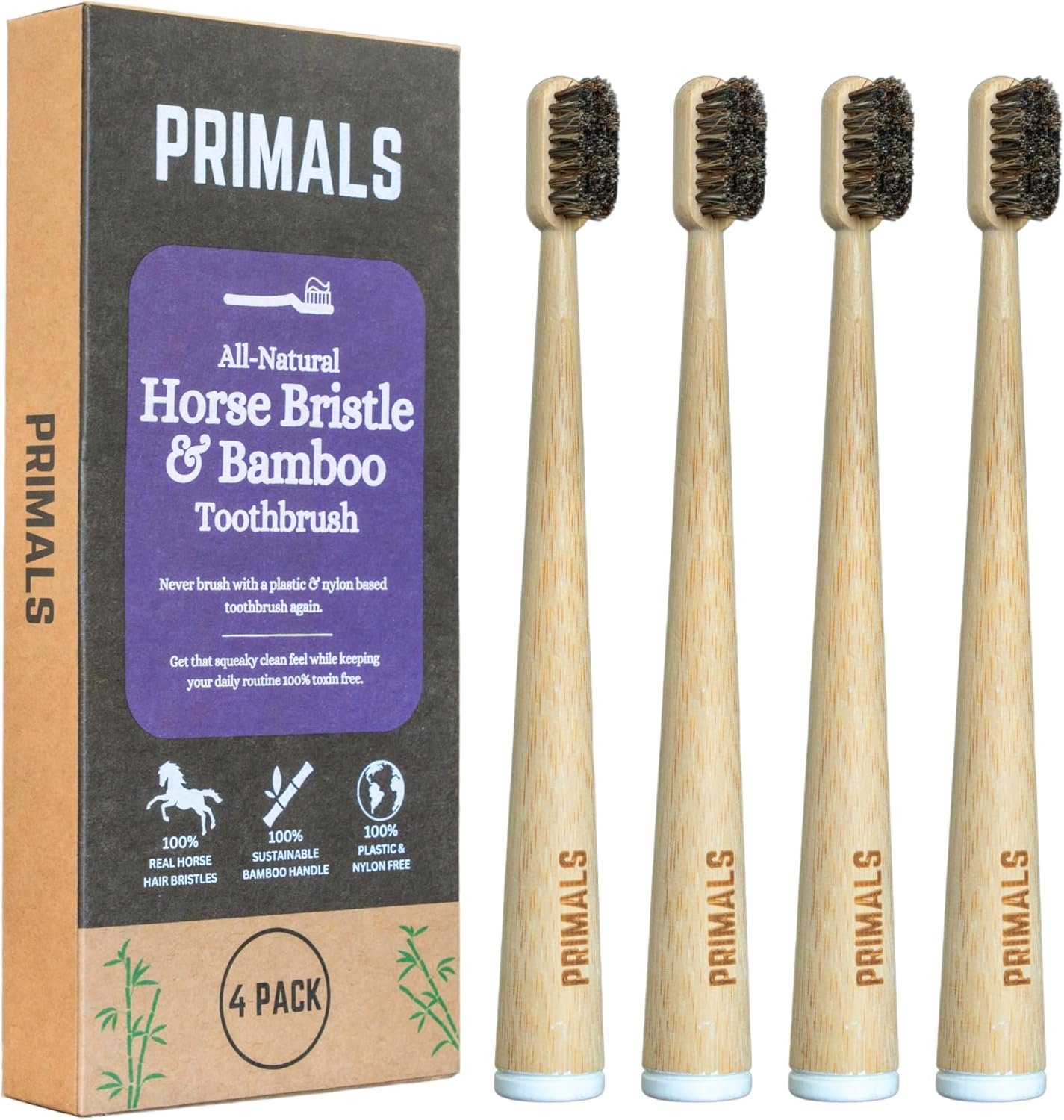PRIMALS Horse Bristle & Bamboo Toothbrush (4-Pack) – Luxurious & Soft Horse Bristles – Fully Biodegradable – Plastic & Nylon Free – Quick Dry Design