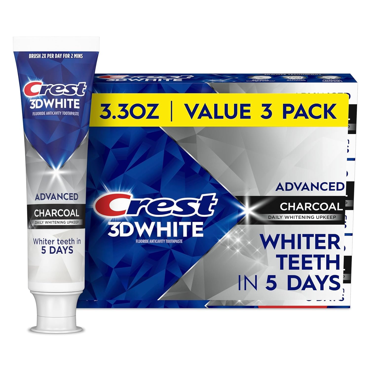 Crest 3D White Advanced Charcoal Teeth Whitening Toothpaste with Fluoride, 3.3 oz, Pack of 3