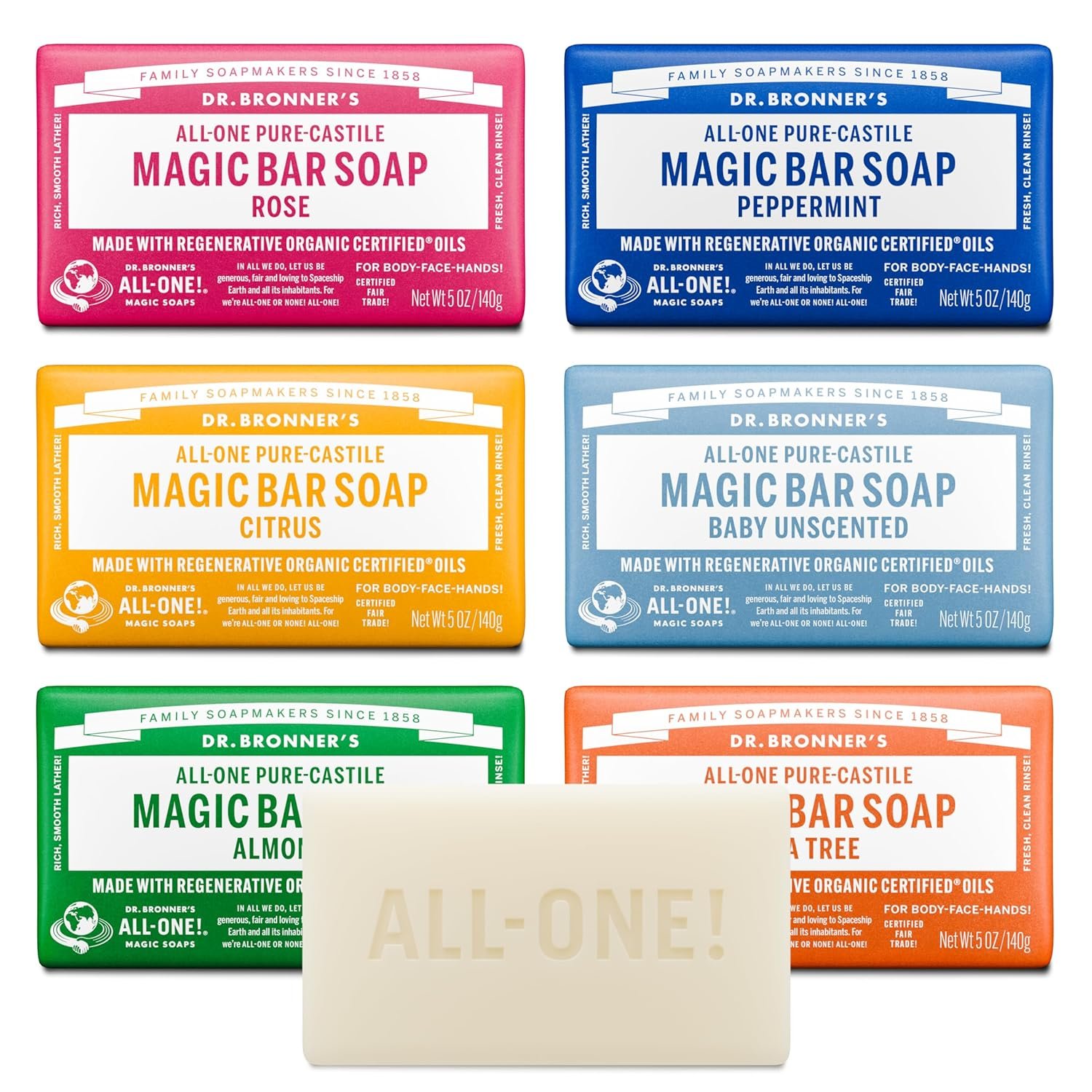 Dr. Bronner’s Pure-Castile Magic Bar Soaps (5 Ounce Variety Gift Pack) Almond, Unscented, Lavender, Peppermint, Citrus, Rose – Made with Regenerative Organic Certified Oils, Vegan, Non-GMO