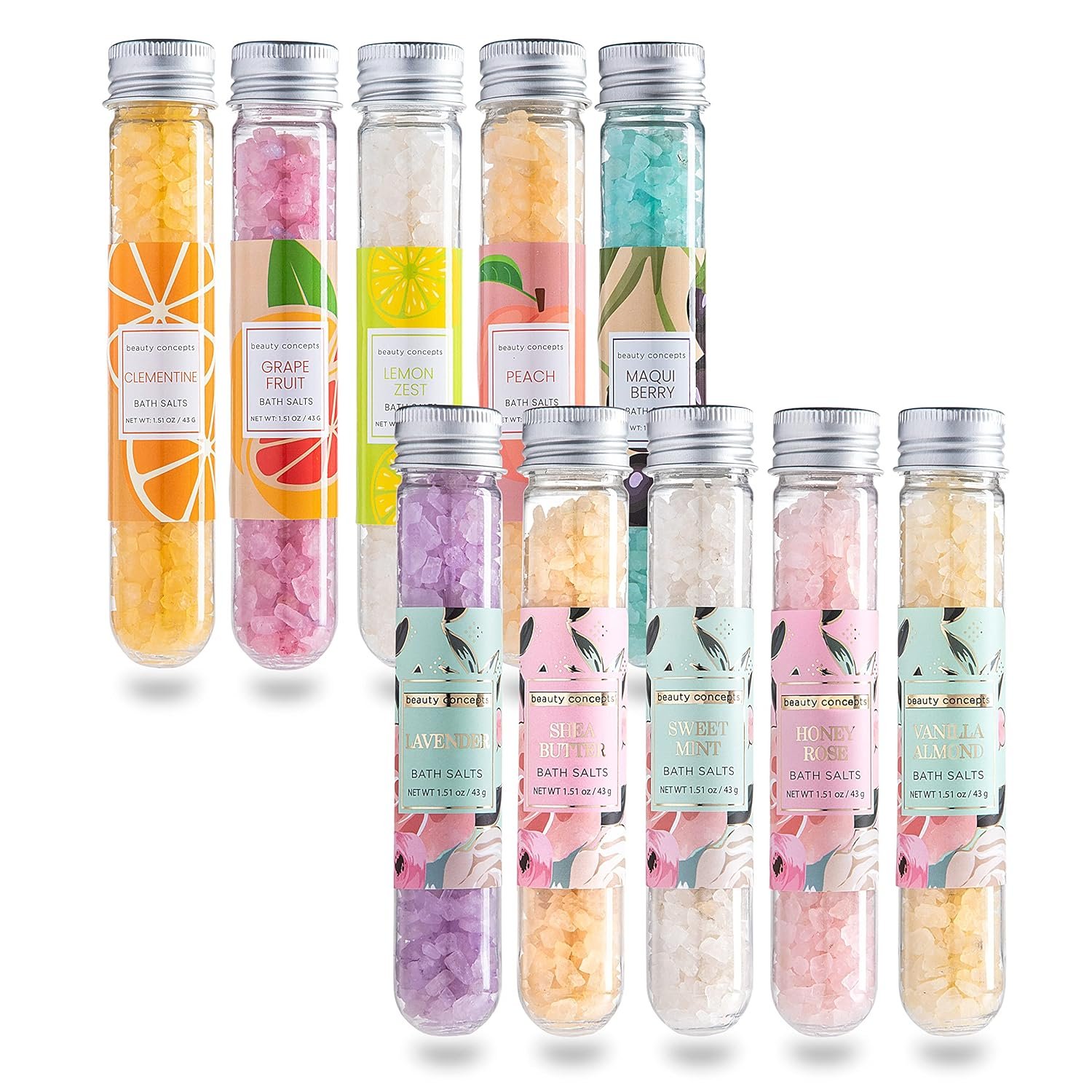 B.C. Beauty Concepts Aromatherapy Bath Salts- Epsom Salts for Soaking, Relaxing Bath Spa Set, Scented in Vanilla Almond, Shea Butter, Sweet Mint, Honey Rose, and Lavender, 10 Pack – Floral and Fruits