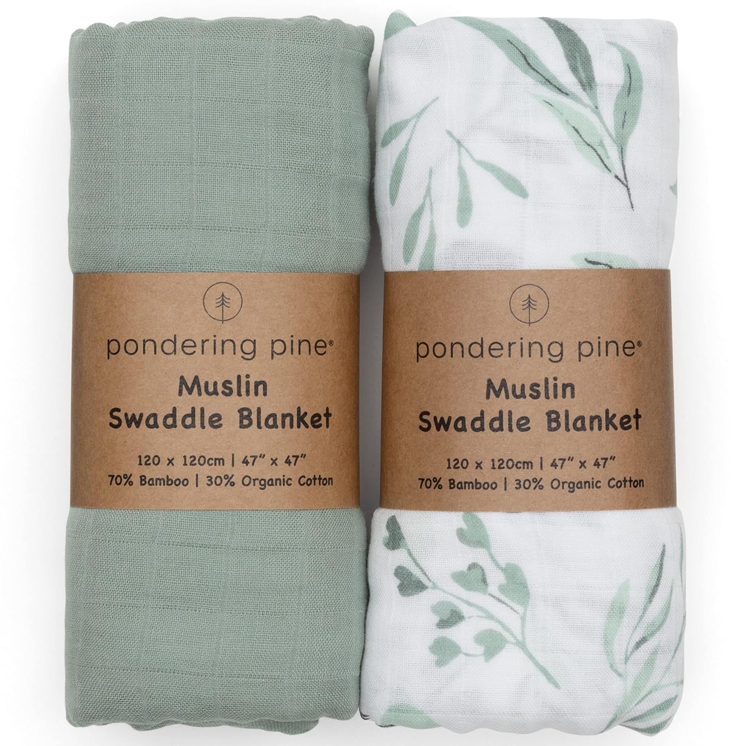 Organic Baby Muslin Swaddle Blankets for Boy or Girl – Eucalyptus Leaves and Sage Swaddling Blanket 2 Pack – Soft Muslin, XLarge and Breathable, Boho Baby, 47″ X 47″