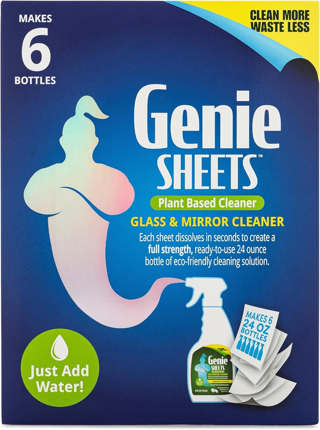 Genie Sheets Glass & Mirror Cleaner | Concentrate Makes 6 24oz Refills | Professional-Strength | Just Add Water | Sustainable Eco-Friendly Plant-Based Solution | 6 Sheets