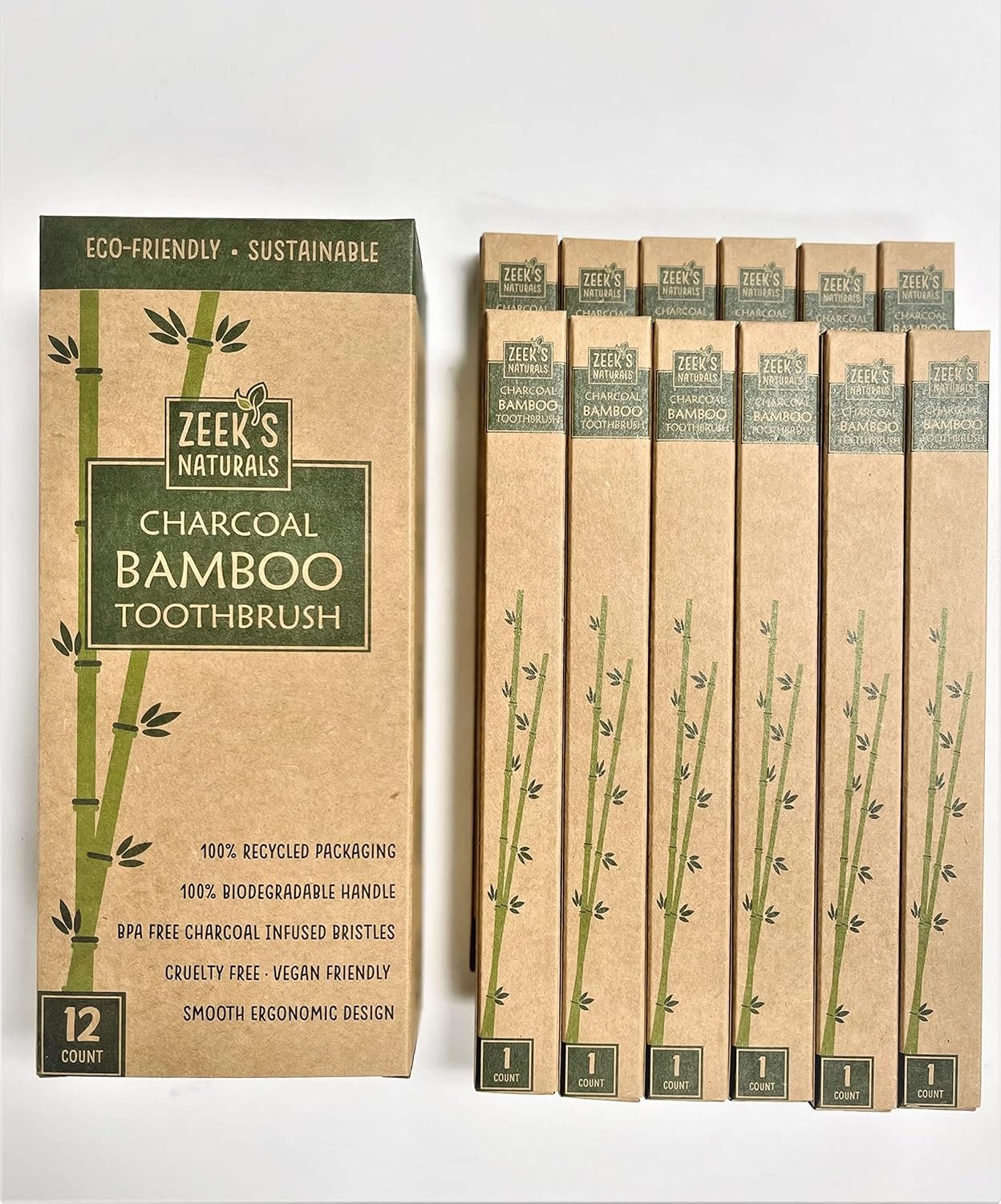 Zeek’s Naturals LLC Biodegradable Eco-Friendly Natural Bamboo Charcoal Toothbrushes – Pack of 12 – Numbered – Charcoal Infused Bristles (12)